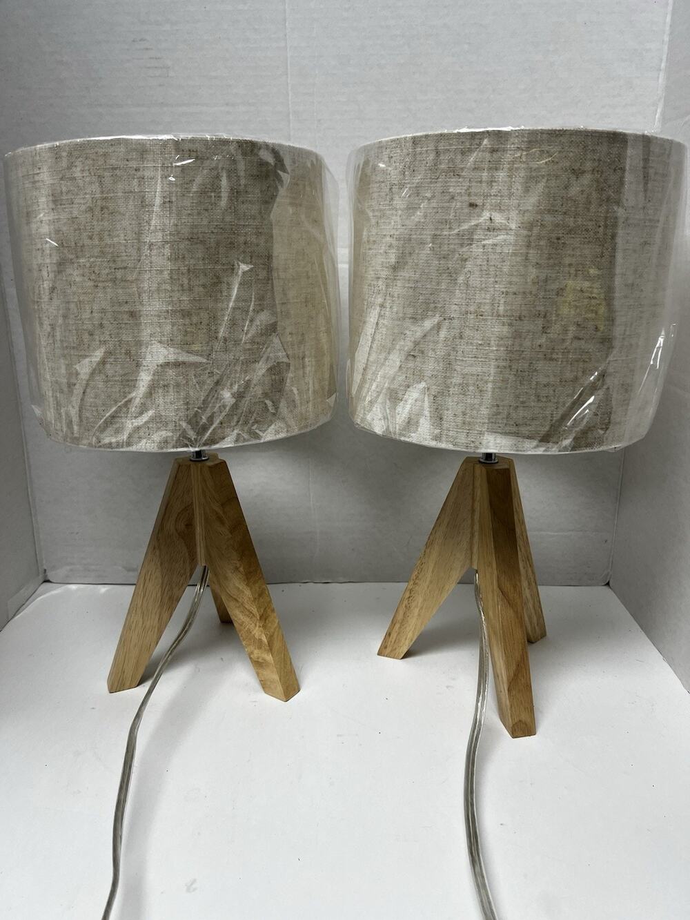 Wooden Tripod Bedside Table Lamp with Linen Shade, 14.2", Set of 2